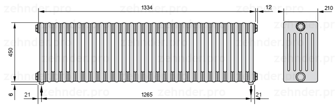 Схема (чертеж) Радиатор Zehnder Charleston 6045/29 №3570 Белый глянцевый RAL 9016